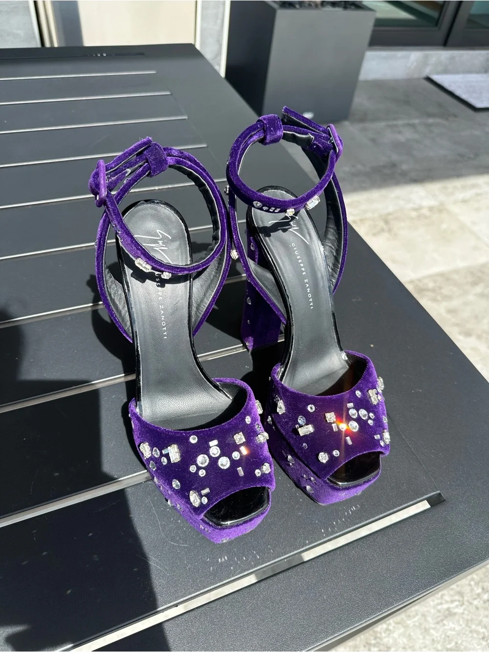 Giuseppe Zanotti Purple Velvet Crystal Dazzling Betty Platform Sandals 39